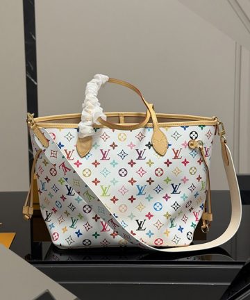 LV x Murakami White Multicolore Neverfull Tote Bag, Discontinued Vintage Large Capacity Shopper Bag