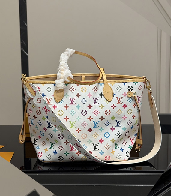 LV x Murakami White Multicolore Neverfull Tote Bag, Discontinued Vintage Large Capacity Shopper Bag